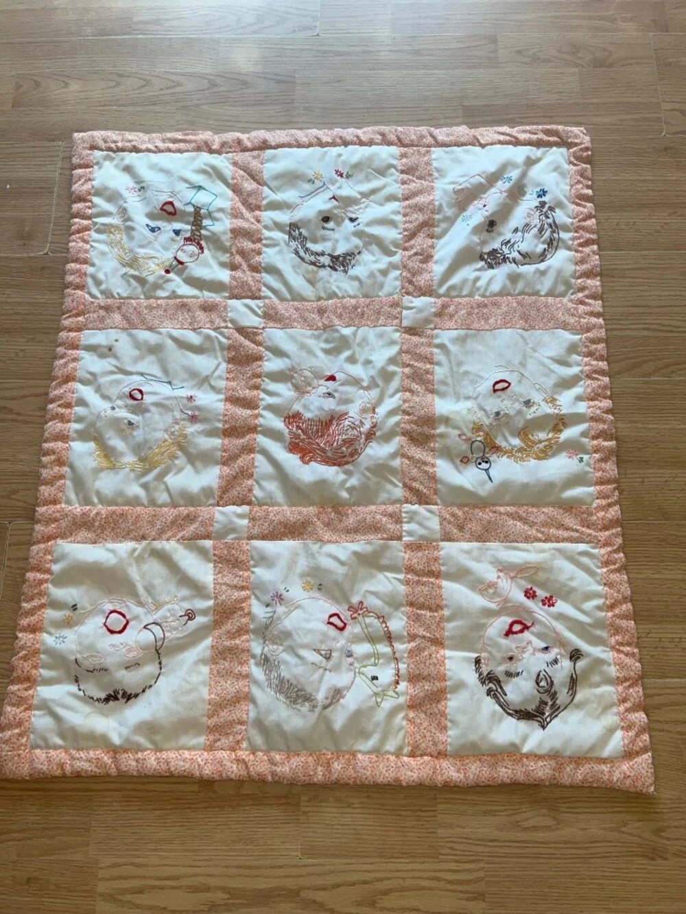 Vintage Handmade Baby Quilt Embroidered Baby Faces Orange Floral Border Unique